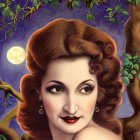 Digital artwork: Woman with voluminous hair and striking eyes in fantasy night scene