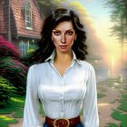 Dark-haired woman in white shirt and brown belt, standing by cottage and forest.