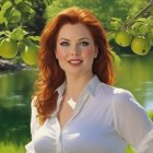 Red-haired woman with vibrant makeup smiling in nature setting