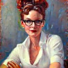 Vivid painting of confident woman with red hair and glasses on blue background