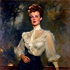 Vintage-Style Portrait of Woman in Ruffled Blouse and Navy Skirt