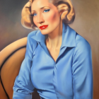 Blonde Woman Portrait with Blue Shirt and Red Lipstick