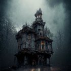 Gothic mansion in fog with dimly lit windows