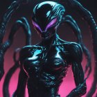 Muscular alien with glowing purple eyes and tentacles on red background