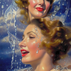 Vibrant painting: Two women laughing under clear umbrella with splashing water and sunlight.