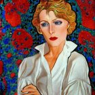 Blond woman portrait in white blouse on blue and red floral background