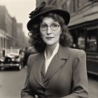 Vintage black and white photo: Woman in hat, glasses, suit on city street.