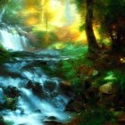 Lush forest with waterfall, sunlight, and flowers