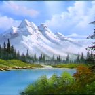 Snow-capped mountain range, blue lake, pine trees, cabin on green meadow