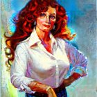 Colorful portrait of woman with red hair and blue glasses on vibrant background