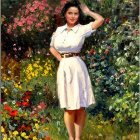 Woman in White Dress Saluting in Colorful Flower Garden