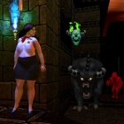 Woman in torchlit corridor with floating green-flamed skull and large-horned beast