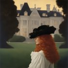 Red-haired woman in black hat gazes at white chateau in dreamy setting