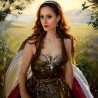 Curly-haired woman in fantasy dress with wings in forest at sunset