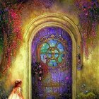 Young girl admiring vibrant door in whimsical painting