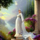 Woman in flowing white gown by serene lake with blooming flowers