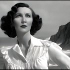 Vintage Black and White Photo of Woman with Wavy Hair and Ruffled Blouse