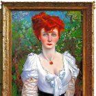 Red-Haired Woman with Blue Bow in White Blouse Painting on Ornate Frame