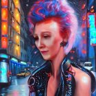 Vibrant portrait of a woman with blue and red hair in neon-lit cityscape