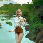 Digital Artwork: Woman in Stream with Propeller Cap