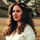 Smiling woman with wavy hair and red lipstick by blossoming trees