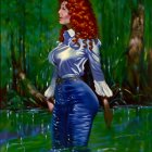 Red-Haired Woman in White Blouse and Blue Jeans Standing in Water surrounded by Greenery