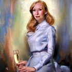 Blonde Woman in Silvery Blue Dress with Champagne Flute on Cosmic Background