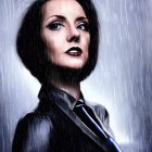 Stylized portrait of a woman with short brown hair and dark attire