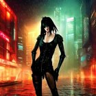 Black-haired woman in dark outfit surrounded by neon-lit city streets