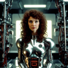 Curly Red-Haired Woman with Robot Body in Futuristic Facility