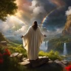 Robed Figure in Lush Landscape with Waterfalls and Double Rainbow