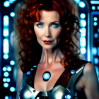 Red-haired woman in futuristic armor with blue eyes against sci-fi backdrop