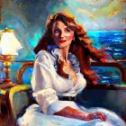 Woman in White Dress Sitting by Sea View with Lamp