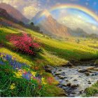 Colorful landscape with rainbow, blooming flowers, river, green field, mountains at sunset