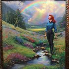 Red-haired woman admires rainbow in colorful landscape with flowers and stream.