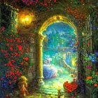 Enchanting archway with red flowers in glowing garden and distant castle