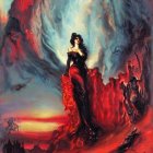 Woman in red gown in volcanic landscape with fiery lava and dark cliffs