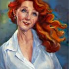 Smiling woman portrait with red hair and blue eyes wearing white shirt