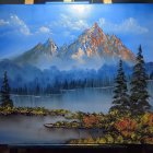 Sunlit mountain peaks, misty forests, serene lake, and boat in vibrant landscape.