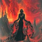 Elegant person in black dress against fiery landscape and red clouds