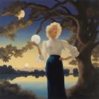 Stylized painting of woman in vintage attire with glowing orb under tree