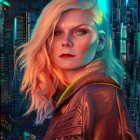 Blonde woman in leather jacket against neon cityscape