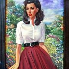 Illustration of woman with dark hair in waves, white blouse, maroon skirt, gold jewelry,