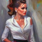 Sophisticated woman portrait with updo, white blouse, red lipstick, and sparkling earring