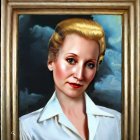 Blond-Haired Woman Portrait with Red Lipstick on Cloudy Sky Background