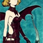 Blond-Haired Female Anime Character in Dark Purple Bodysuit with Futuristic Bow