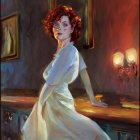 Portrait of a woman with red curly hair in white dress in candlelit room