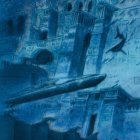 Abstract blue-toned image with submarine-like object and surreal underwater city backdrop.