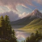 Tranquil landscape painting of snow-capped mountains and pine trees