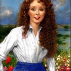 Portrait of woman with curly brown hair in white blouse and blue skirt against river landscape